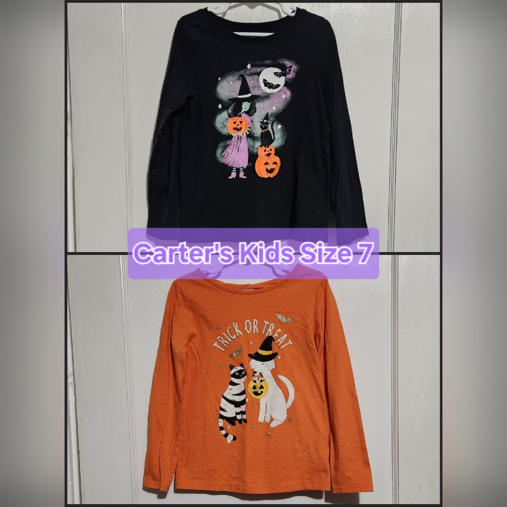Carter's Girls Size 7 Long Sleeve Halloween Shirts Orange & Black Shirt Bundle